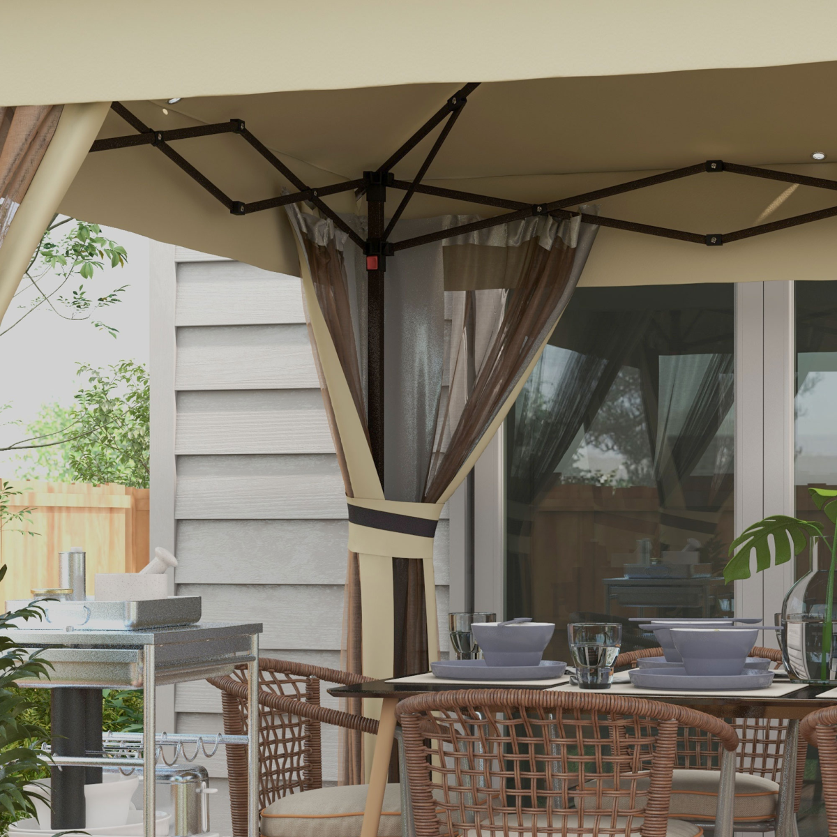 Outsunny Solar-Powered 3x3m Pop-Up Gazebo with LED Lights & Netting - Khaki