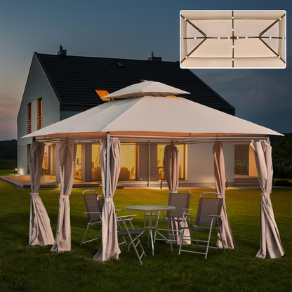 4 x 3m Outdoor Tent Garden Pavilion LED Solar Light Steel Frame, Khaki