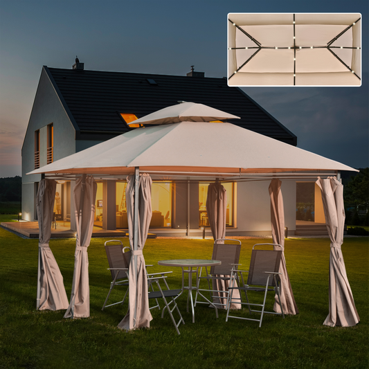 4 x 3m Outdoor Tent Garden Pavilion LED Solar Light Steel Frame, Khaki