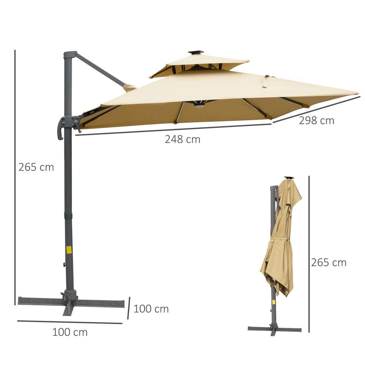 3m Cantilever Patio Umbrella, Solar LED Lighted Crank Handle Khaki