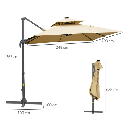 3m Cantilever Patio Umbrella, Solar LED Lighted Crank Handle Khaki