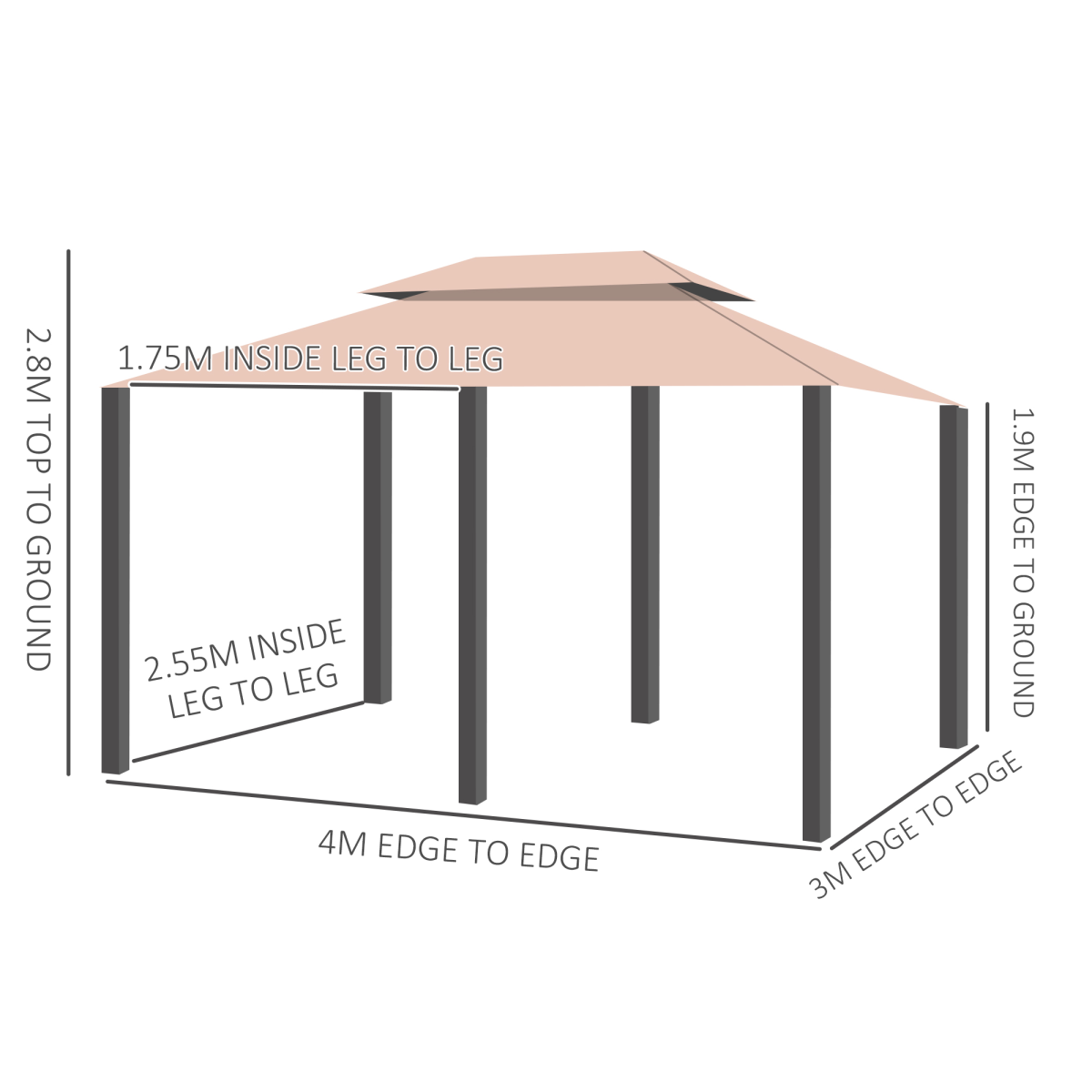 4 x 3m Outdoor Tent Garden Pavilion LED Solar Light Steel Frame, Khaki