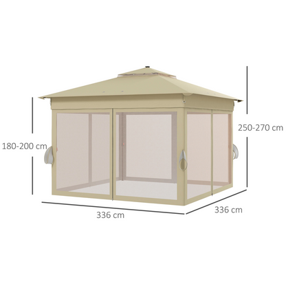 Outsunny Solar-Powered 3x3m Pop-Up Gazebo with LED Lights & Netting - Khaki