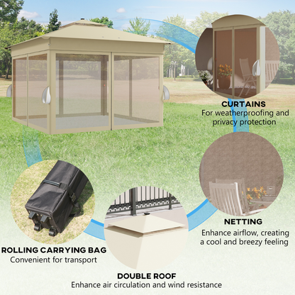 Outsunny Solar-Powered 3x3m Pop-Up Gazebo with LED Lights & Netting - Khaki