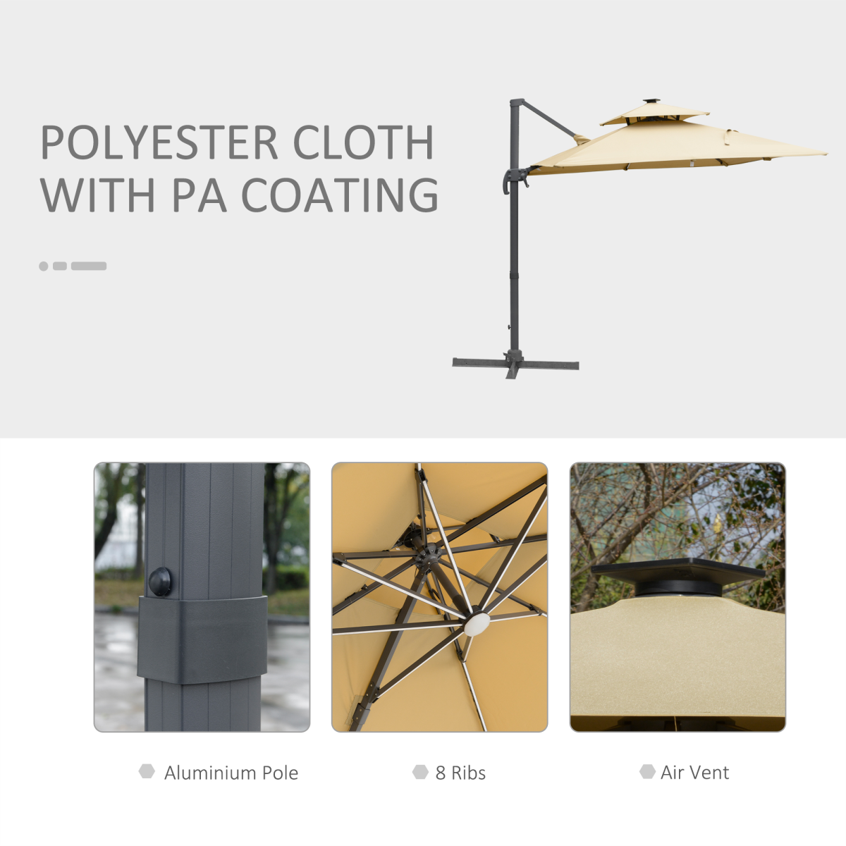 3m Cantilever Patio Umbrella, Solar LED Lighted Crank Handle Khaki