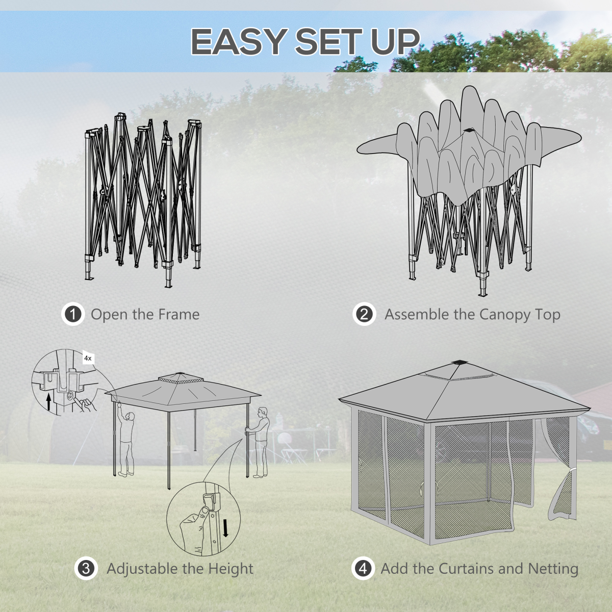 Outsunny Solar-Powered 3x3m Pop-Up Gazebo with LED Lights & Netting - Khaki