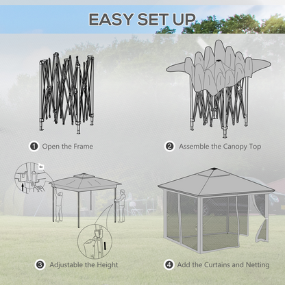 Outsunny Solar-Powered 3x3m Pop-Up Gazebo with LED Lights & Netting - Khaki