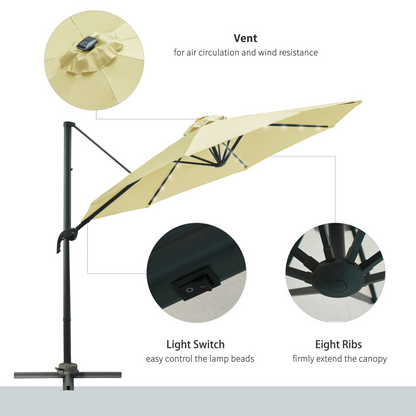 3m Cantilever Parasol Patio Umbrella with LED Solar Light Beige
