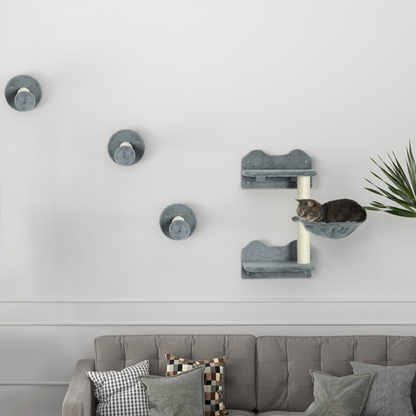 Cat Shelf with Scratching Post, Wall-Mounted Cat Tree for Indoor Cat - Grey