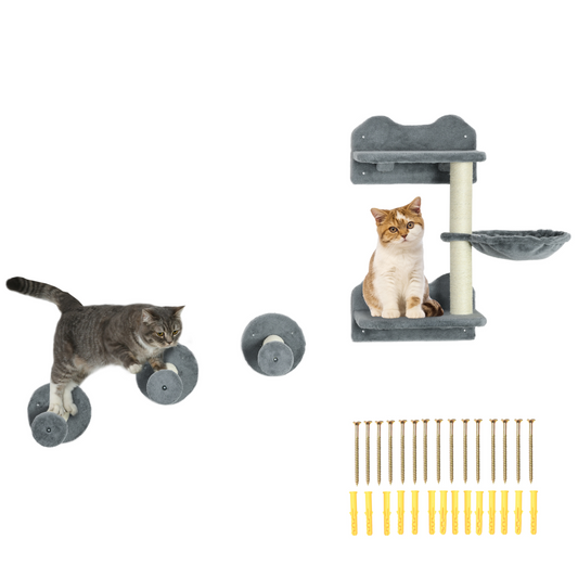Cat Shelf with Scratching Post, Wall-Mounted Cat Tree for Indoor Cat - Grey