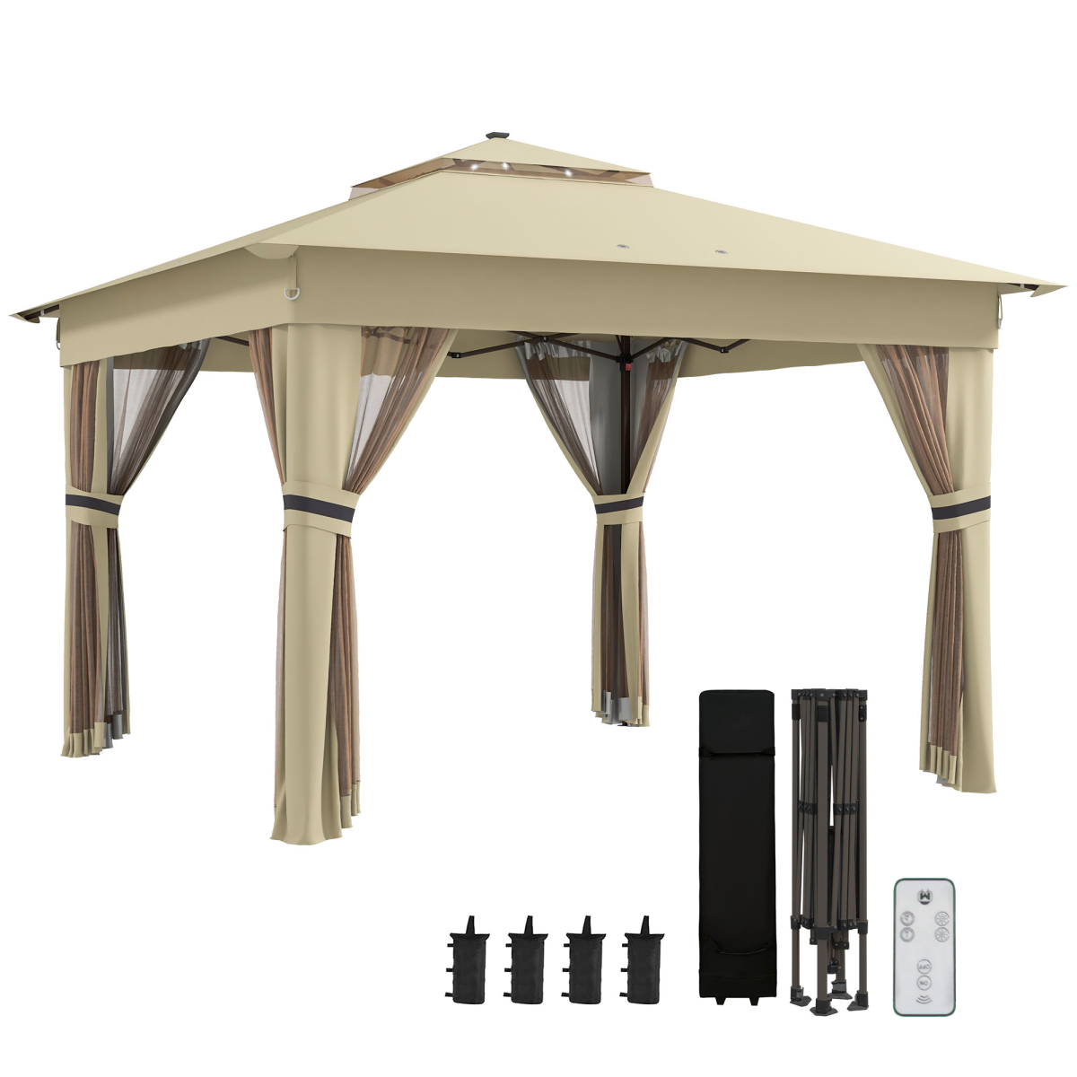 Outsunny Solar-Powered 3x3m Pop-Up Gazebo with LED Lights & Netting - Khaki