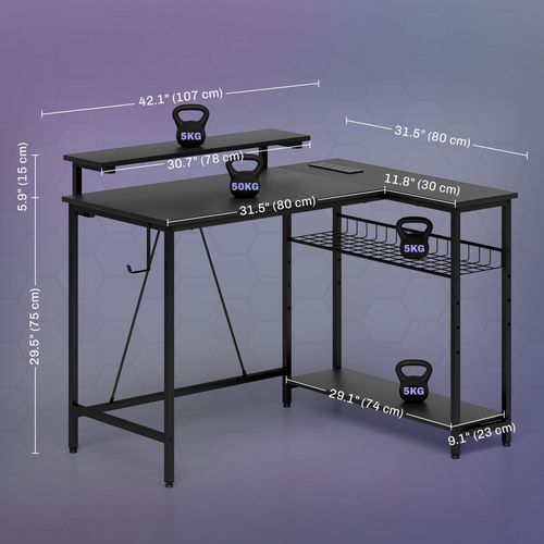 HOMCOM L Shaped Desk with LED Lights Reversible Corner Gaming Desk with Storage