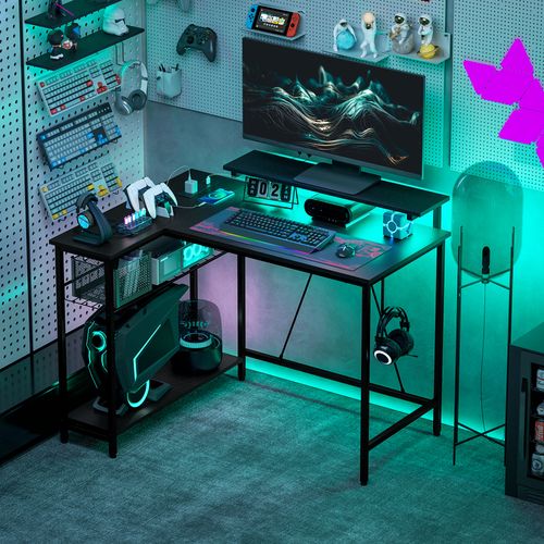 HOMCOM L Shaped Desk with LED Lights Reversible Corner Gaming Desk with Storage