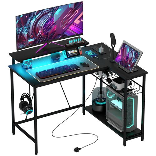 HOMCOM L Shaped Desk with LED Lights Reversible Corner Gaming Desk with Storage