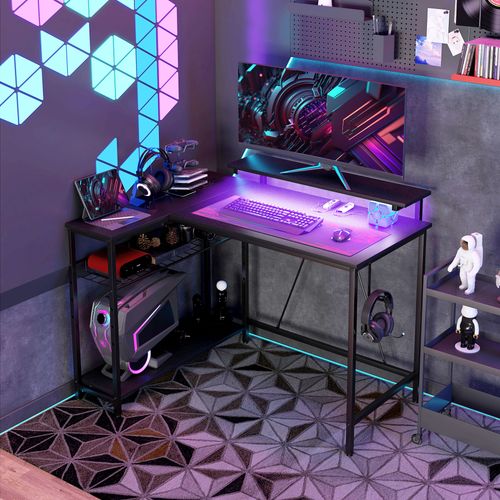 HOMCOM L Shaped Desk with LED Lights Reversible Corner Gaming Desk with Storage