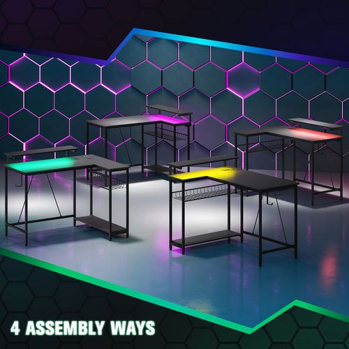 HOMCOM L Shaped Desk with LED Lights Reversible Corner Gaming Desk with Storage